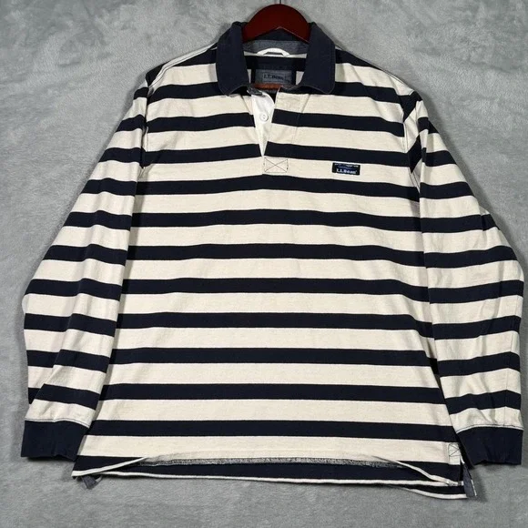 L.L.Bean Rugby Polo Shirt Mens Large Blue Stripe Long Sleeve Cotton Casual - Picture 1 of 8